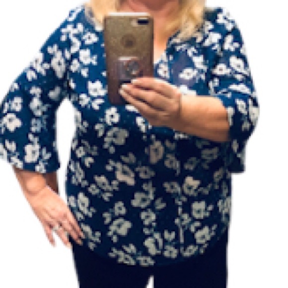 1X Navy Floral Peasant Top with Bell Sleeves and Faggoting detail Boho - Picture 11 of 14